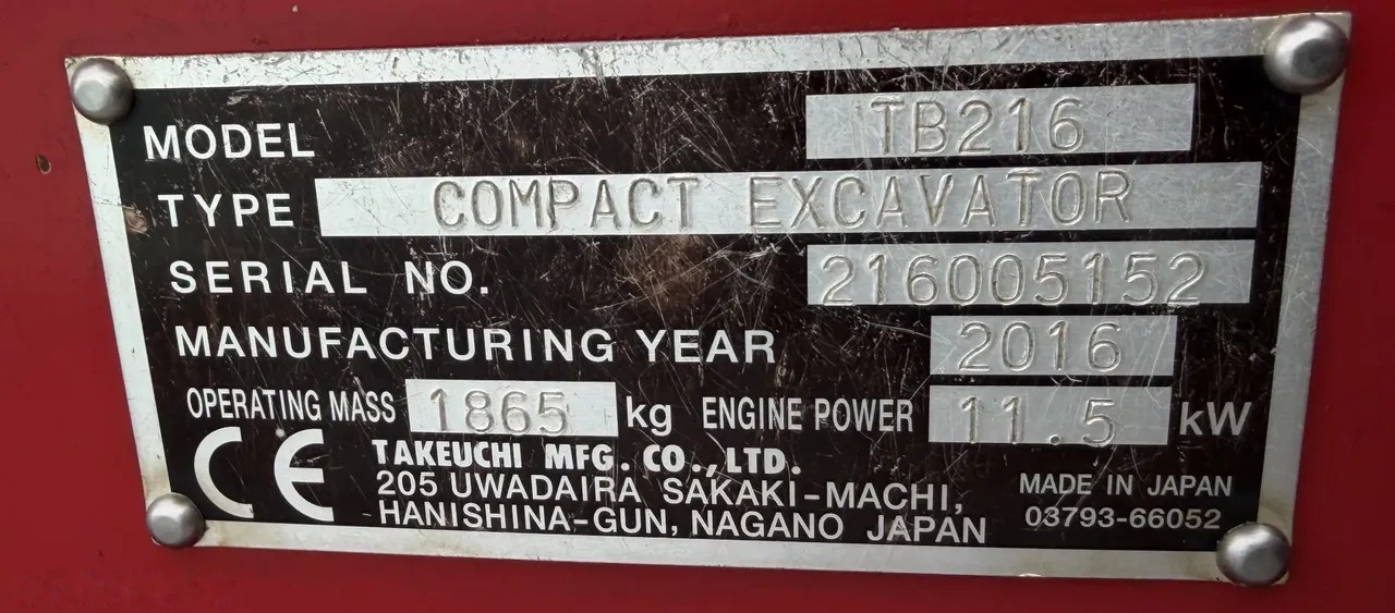 2016 Takeuchi TB216, 1 100 mth, dovoz Skladem v EU — foto 11 z 24