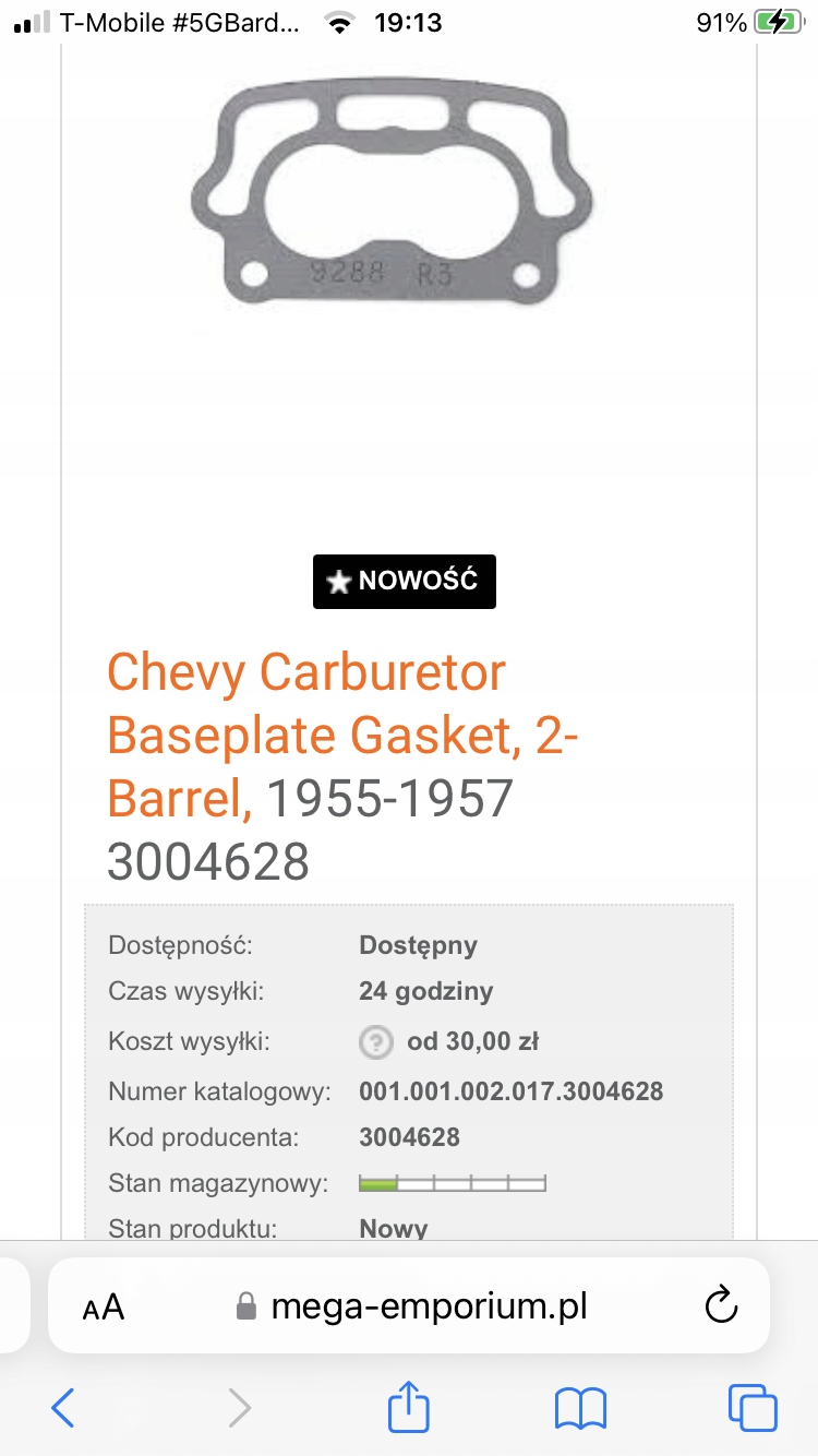 Chevy Carburetor Baseplate Gasket, 2-Barrel, 1955-1957 3004628, Skladem v EU — foto 1